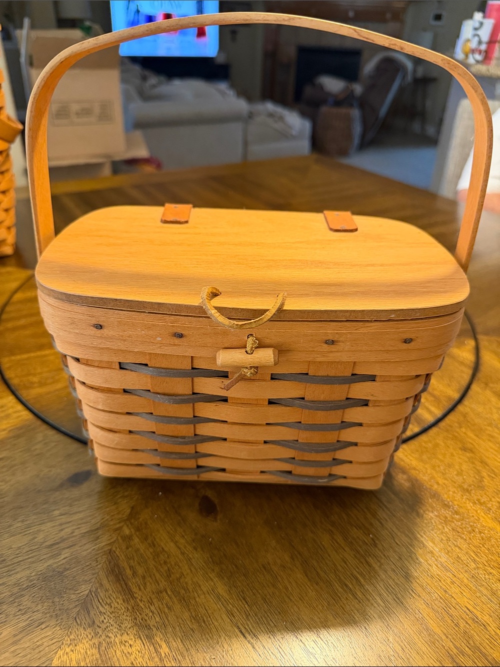 Longaberger Natural and Gray Woven Picnic Basket with Lid